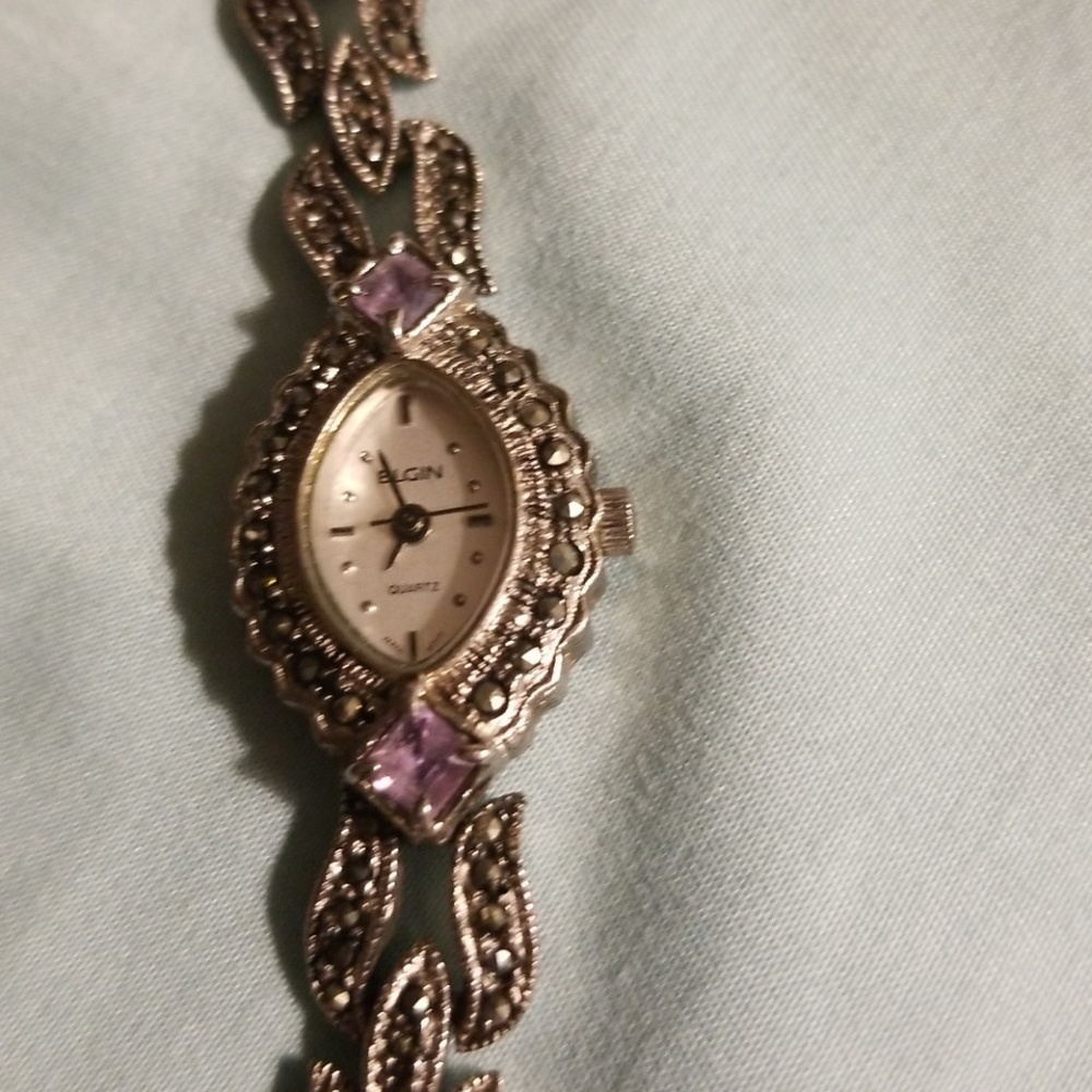 Still Available! Elgin silver AMETHYST and Marcasite Watch VINTAGE